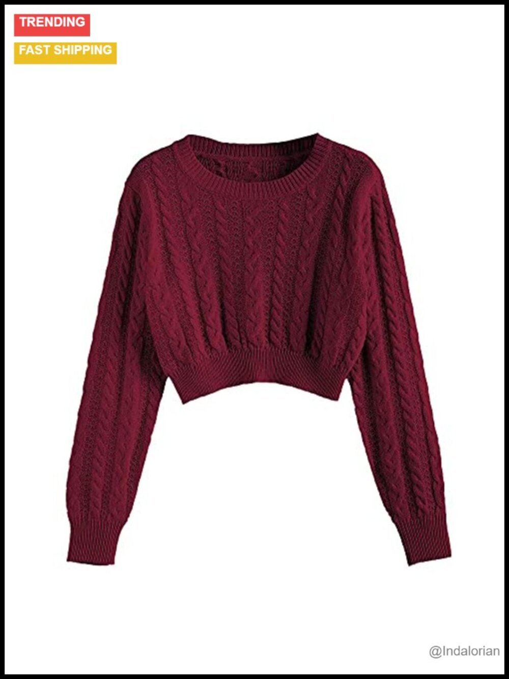 Cropped Cable Knit Crewneck Pullover Sweater Long Sleeve Slim Fit